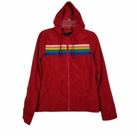 New Look Womens Red Rainbow Stripe Full Zip Jacket Hood Windbreaker Medium - Picture 12 of 12